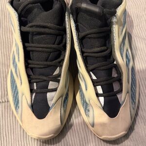 Yeezy Cream and Blue Athletic Sneakers